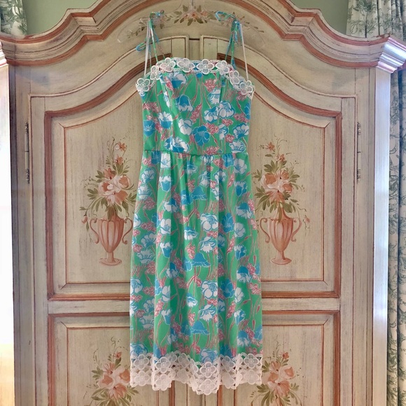 Lilly Pulitzer Dresses & Skirts - Vintage Lilly Pulitzer Green Floral Midi Dress with White Lace Trim